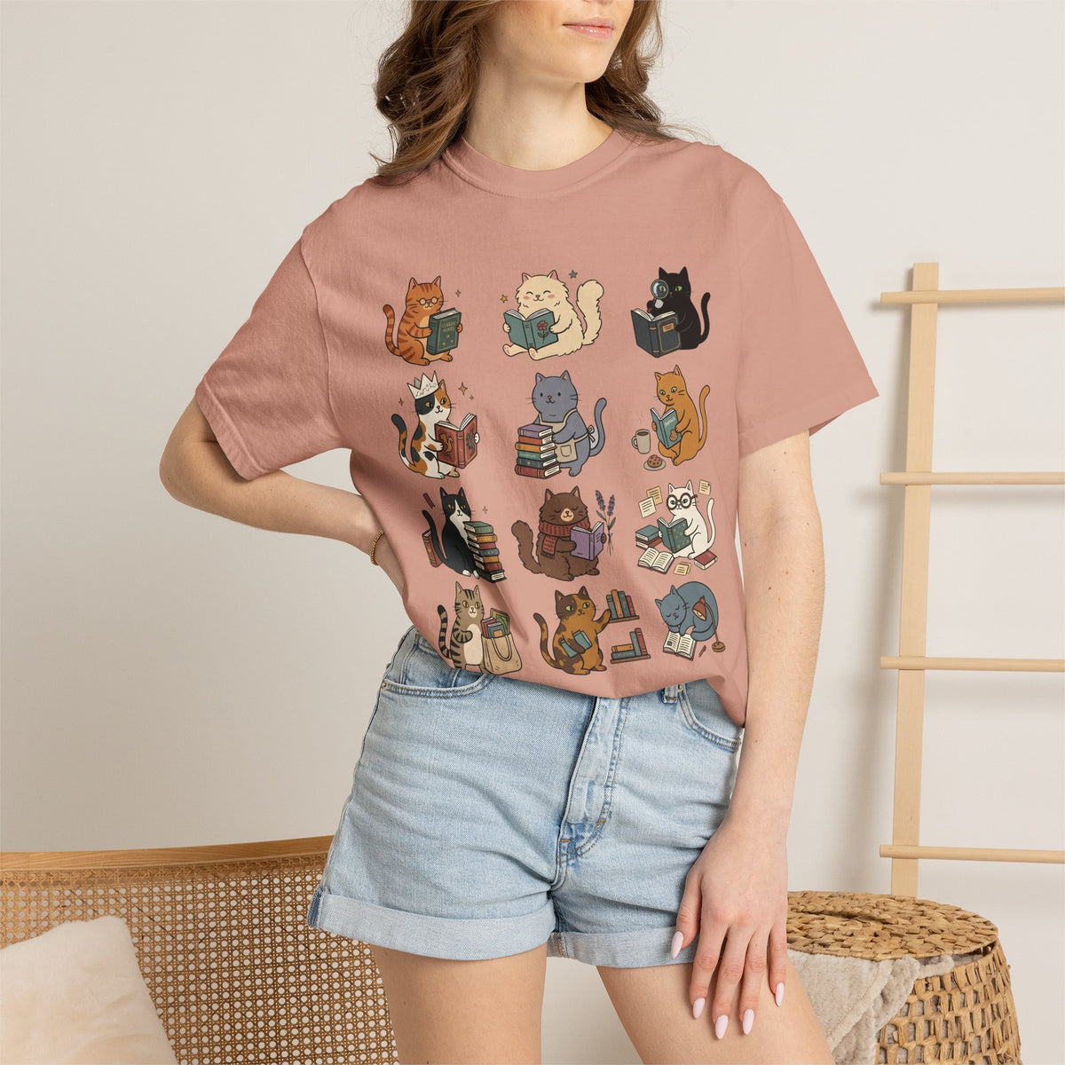 Cozy Bookshop Cat Grid T-Shirt