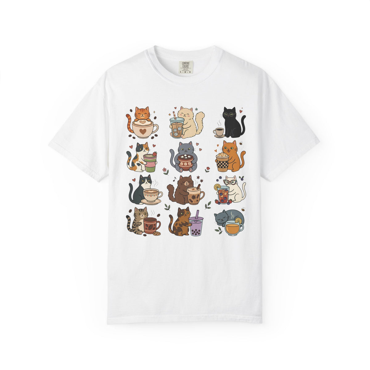 Cafe Drinks Cat Grid T-Shirt