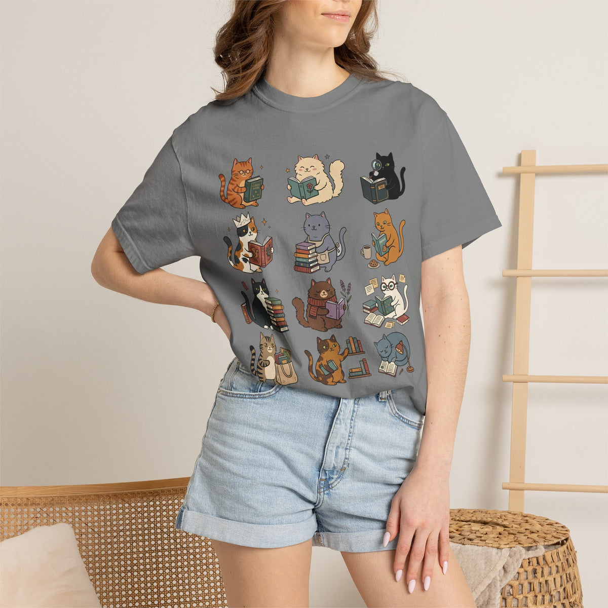 Cozy Bookshop Cat Grid T-Shirt