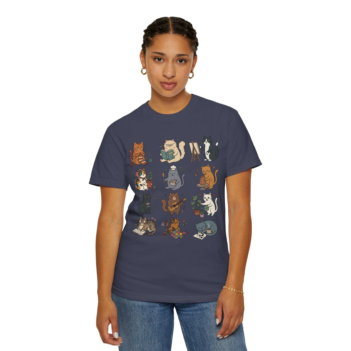 Cozy Hobby Cat Grid T-Shirt
