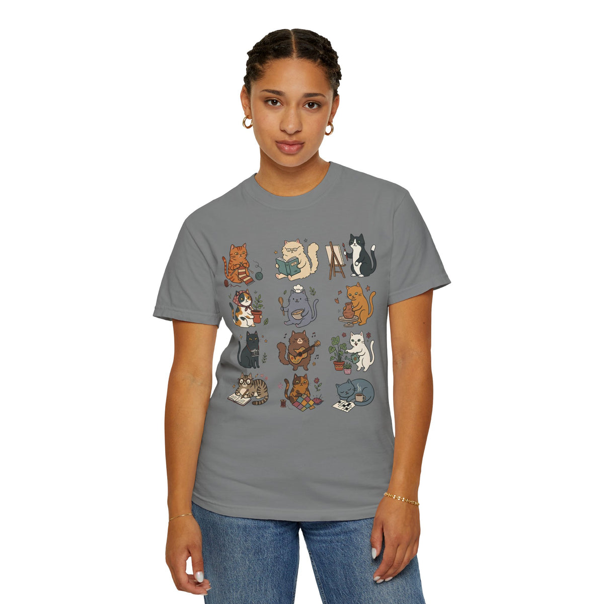 Cozy Hobby Cat Grid T-Shirt