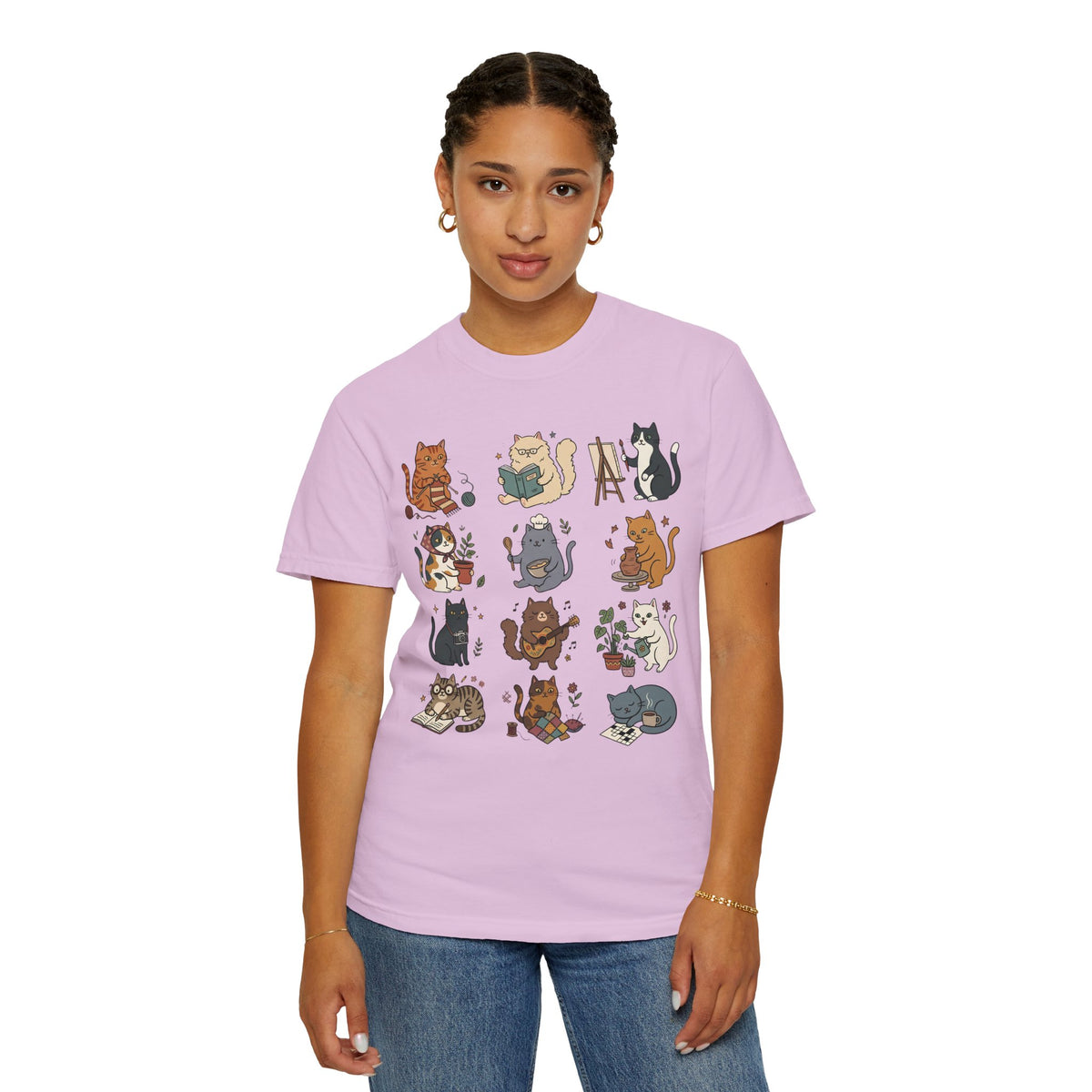 Cozy Hobby Cat Grid T-Shirt