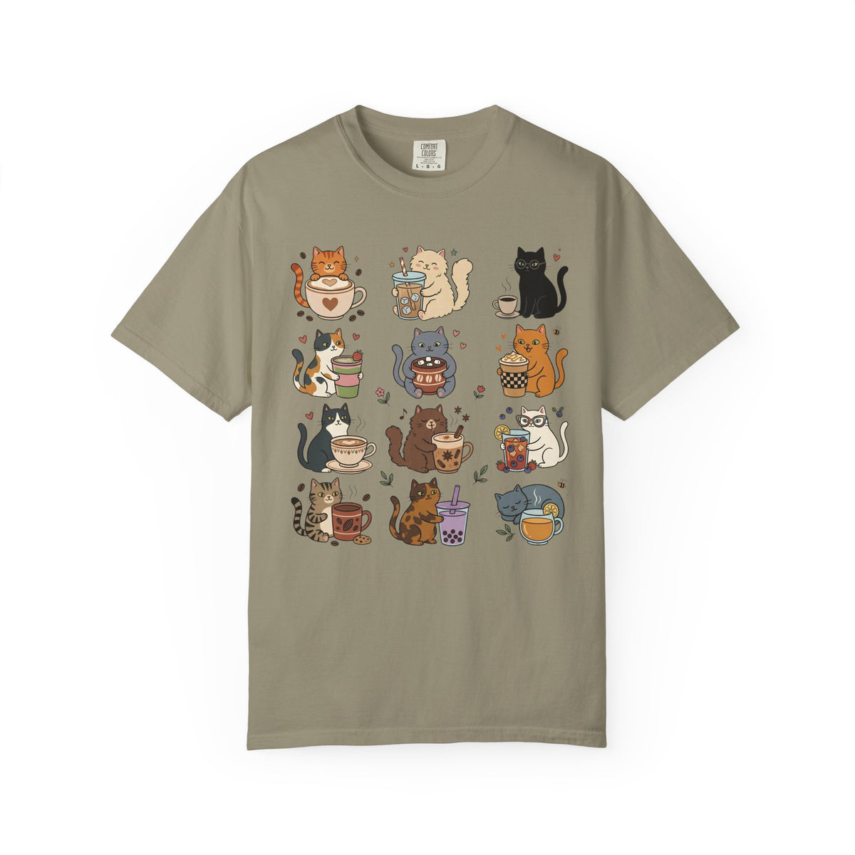Cafe Drinks Cat Grid T-Shirt