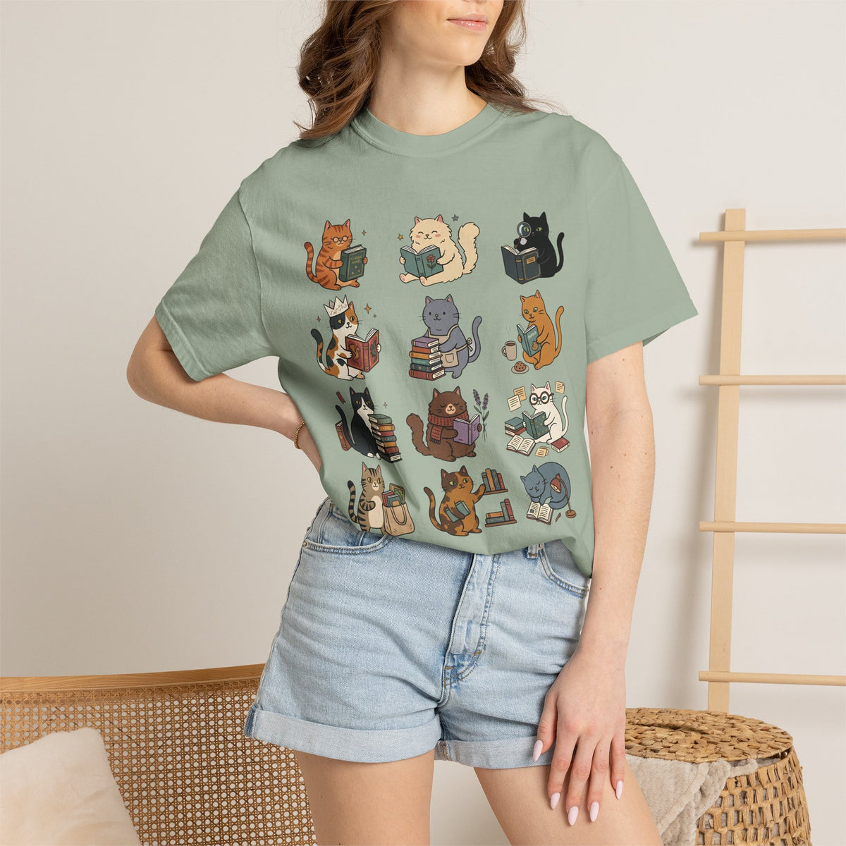 Cozy Bookshop Cat Grid T-Shirt