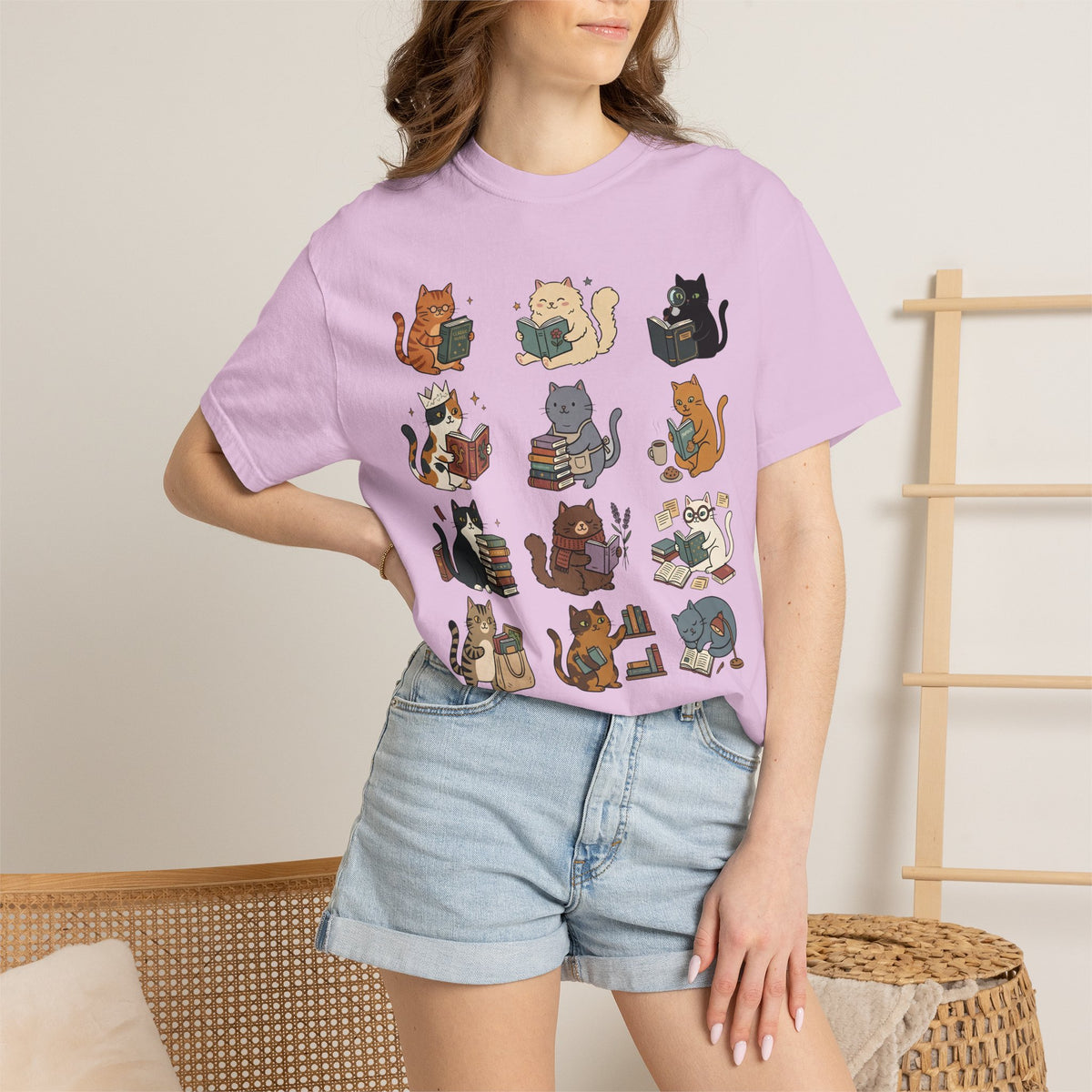 Cozy Bookshop Cat Grid T-Shirt