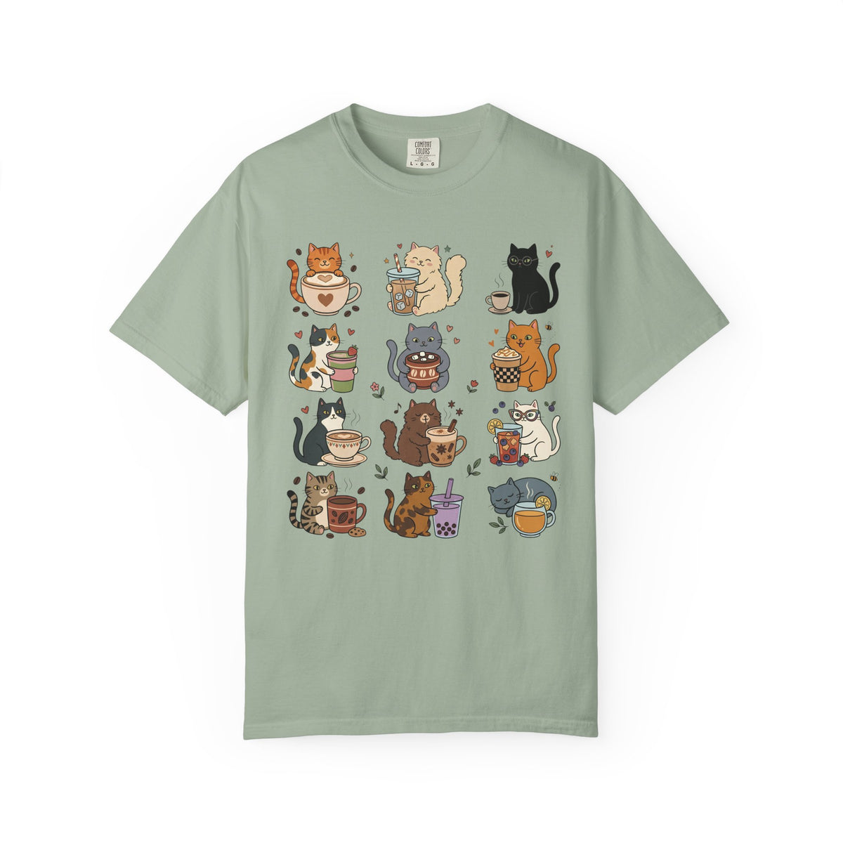 Cafe Drinks Cat Grid T-Shirt