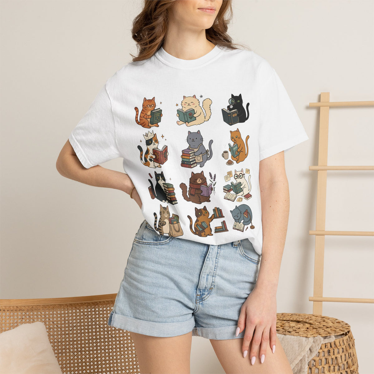 Cozy Bookshop Cat Grid T-Shirt