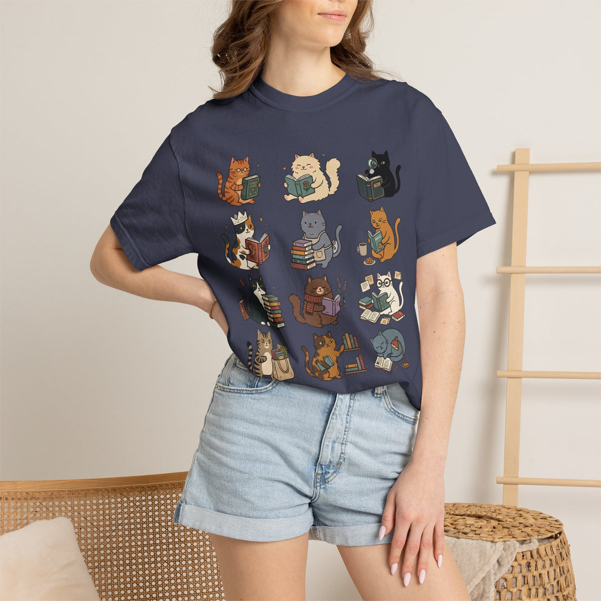 Cozy Bookshop Cat Grid T-Shirt