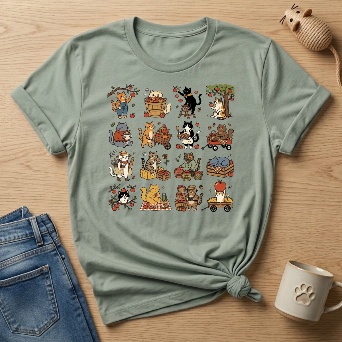Apple Picking Cat Grid T-Shirt