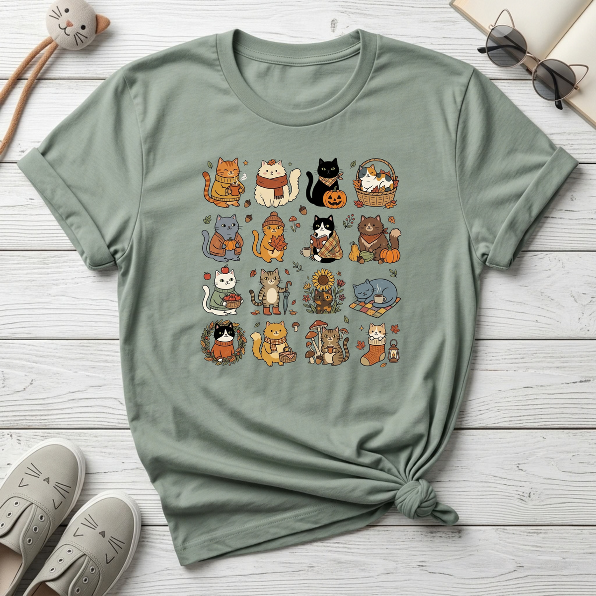 Cozy Autumn Cat Grid T-Shirt