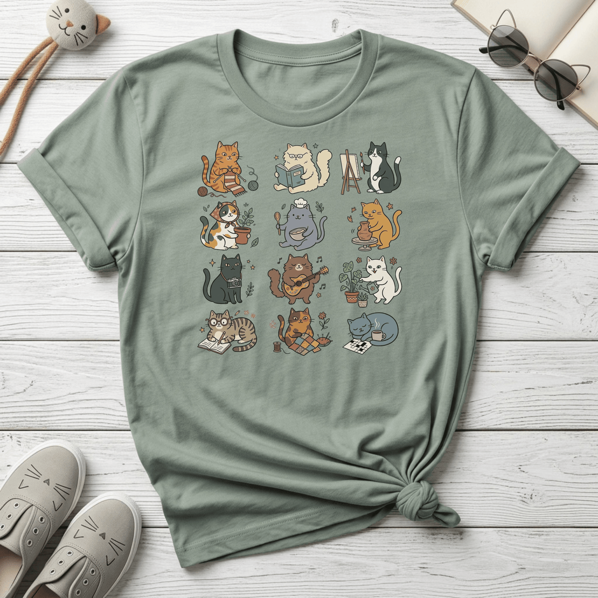Cozy Hobby Cat Grid T-Shirt