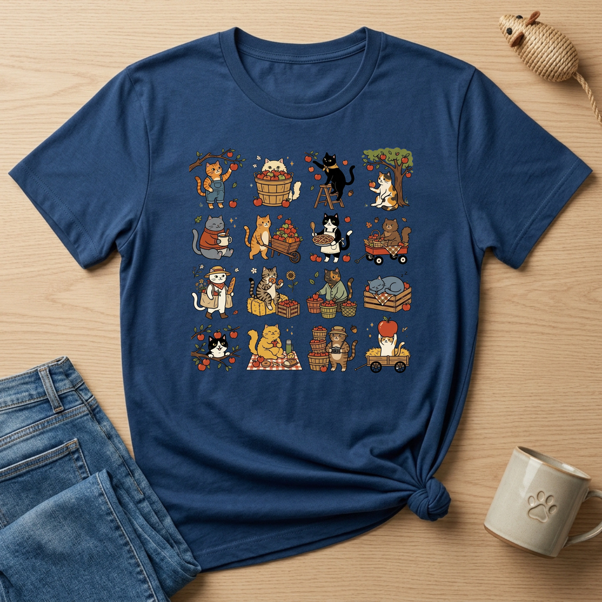 Apple Picking Cat Grid T-Shirt