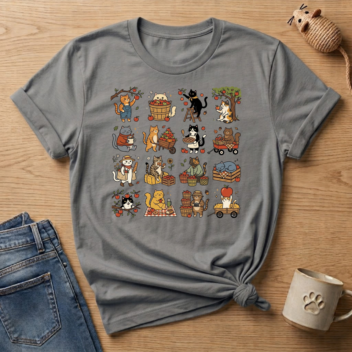 Apple Picking Cat Grid T-Shirt