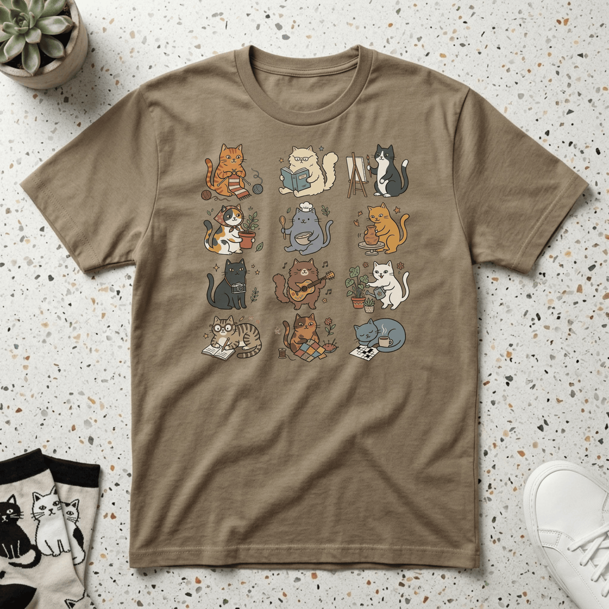 Cozy Hobby Cat Grid T-Shirt