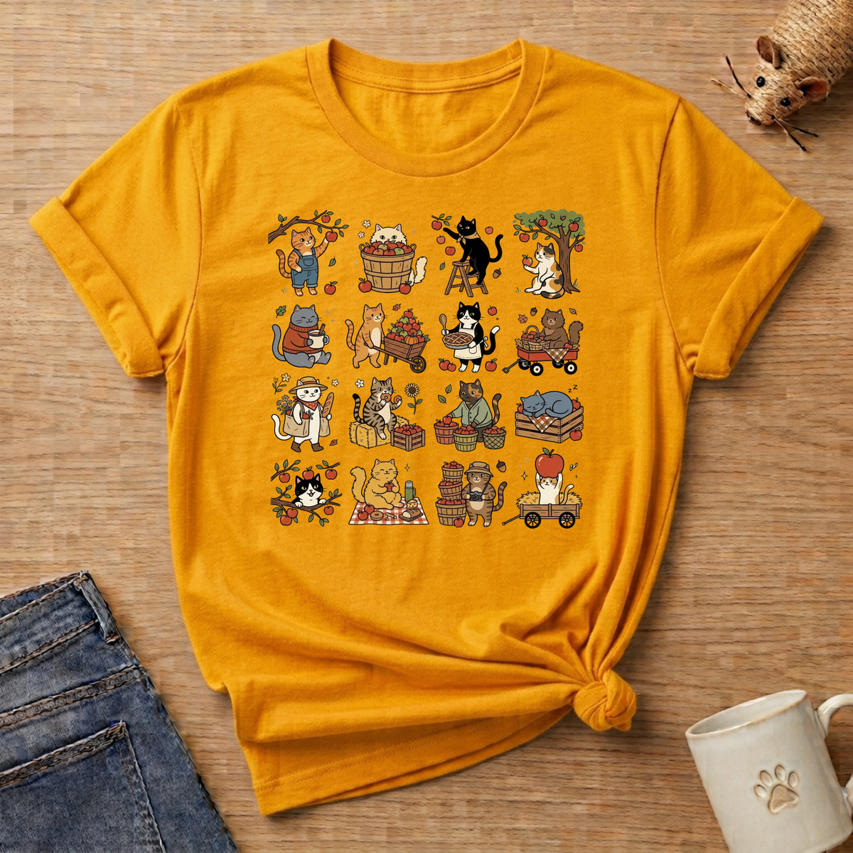 Apple Picking Cat Grid T-Shirt