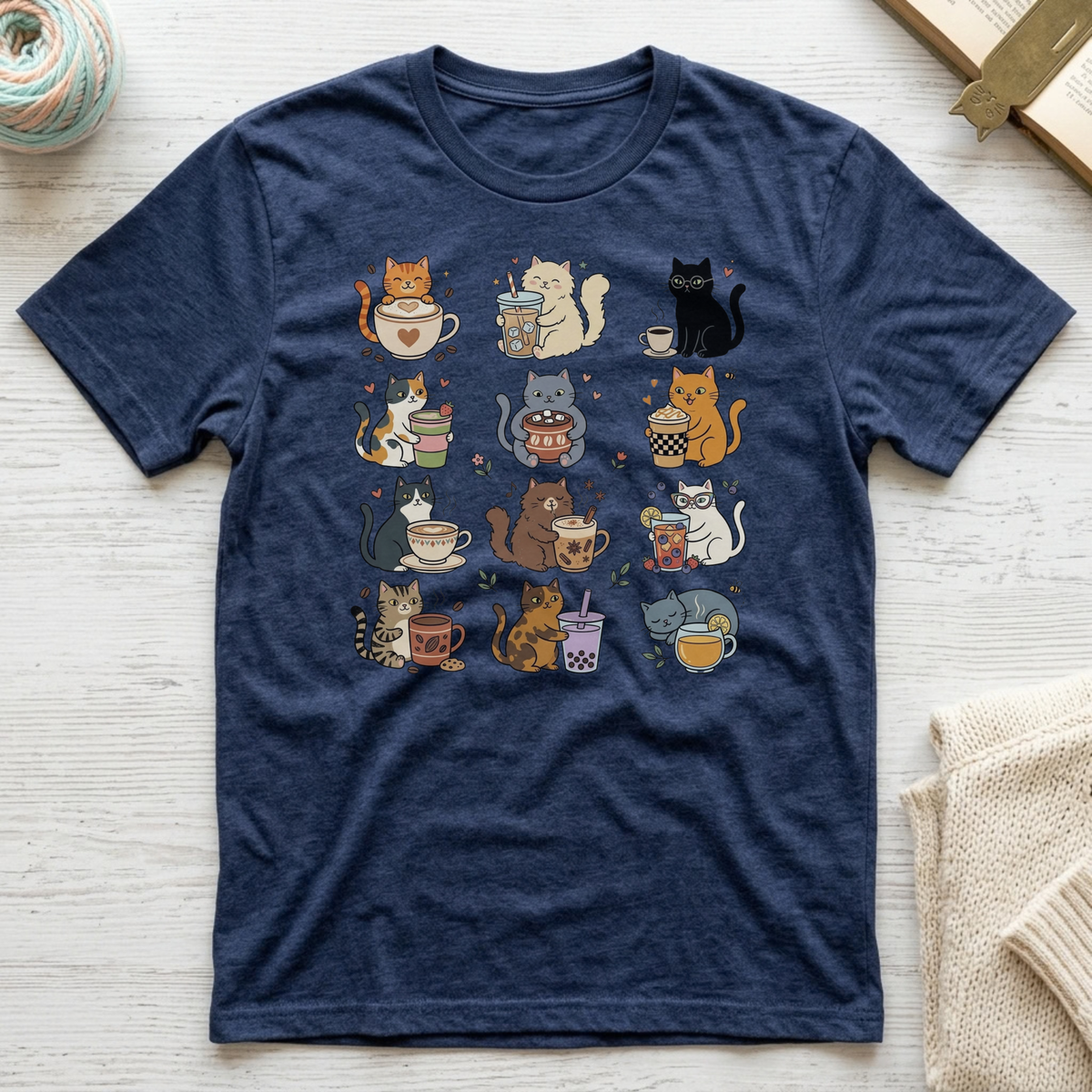 Cafe Drinks Cat Grid T-Shirt