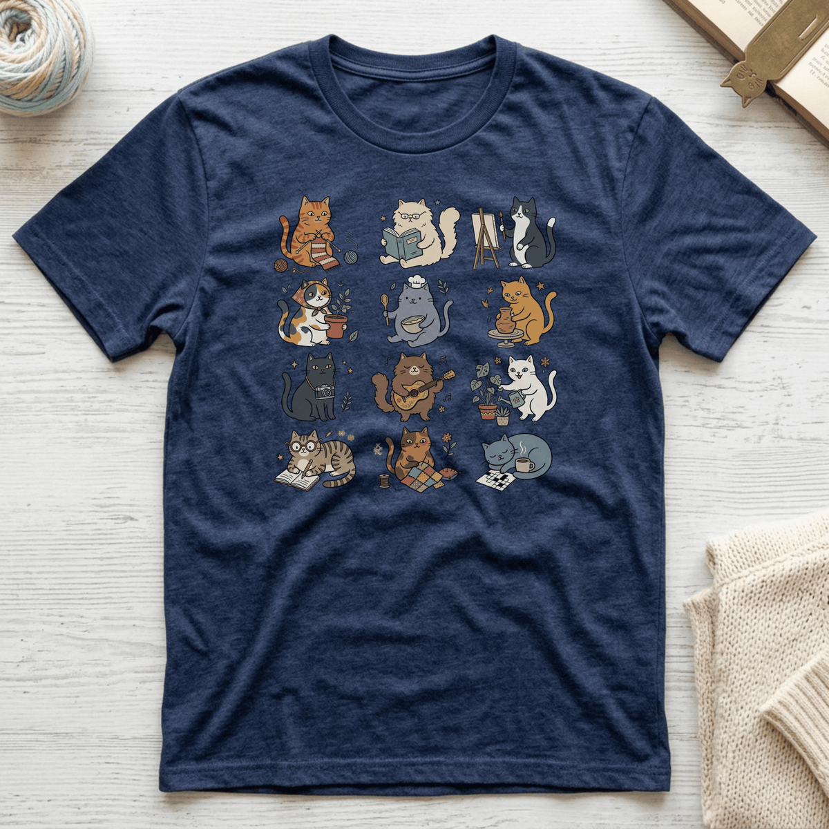 Cozy Hobby Cat Grid T-Shirt