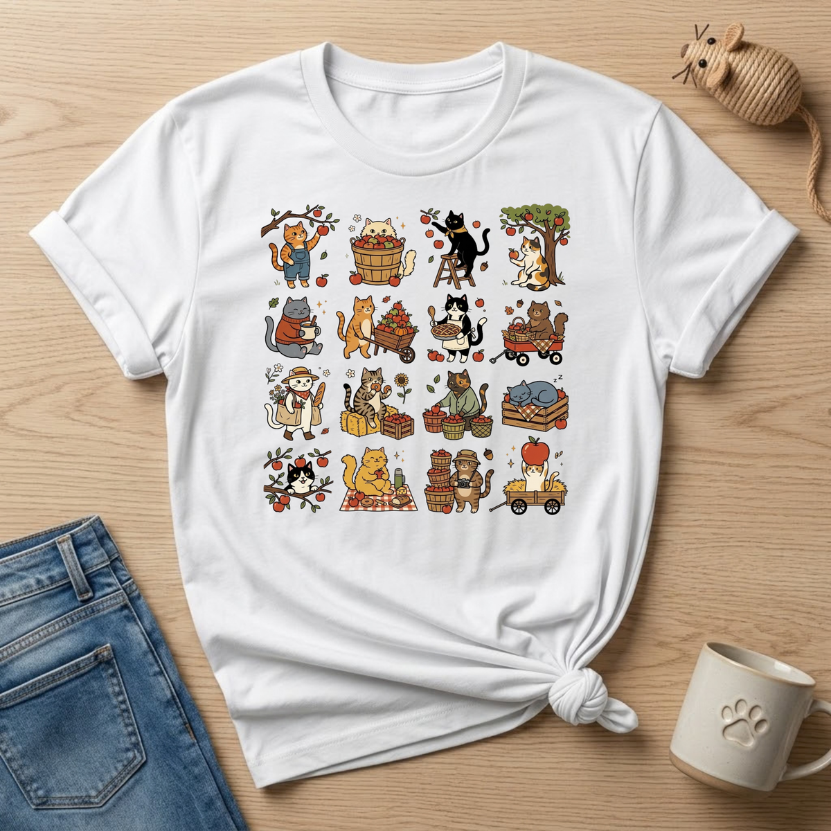 Apple Picking Cat Grid T-Shirt