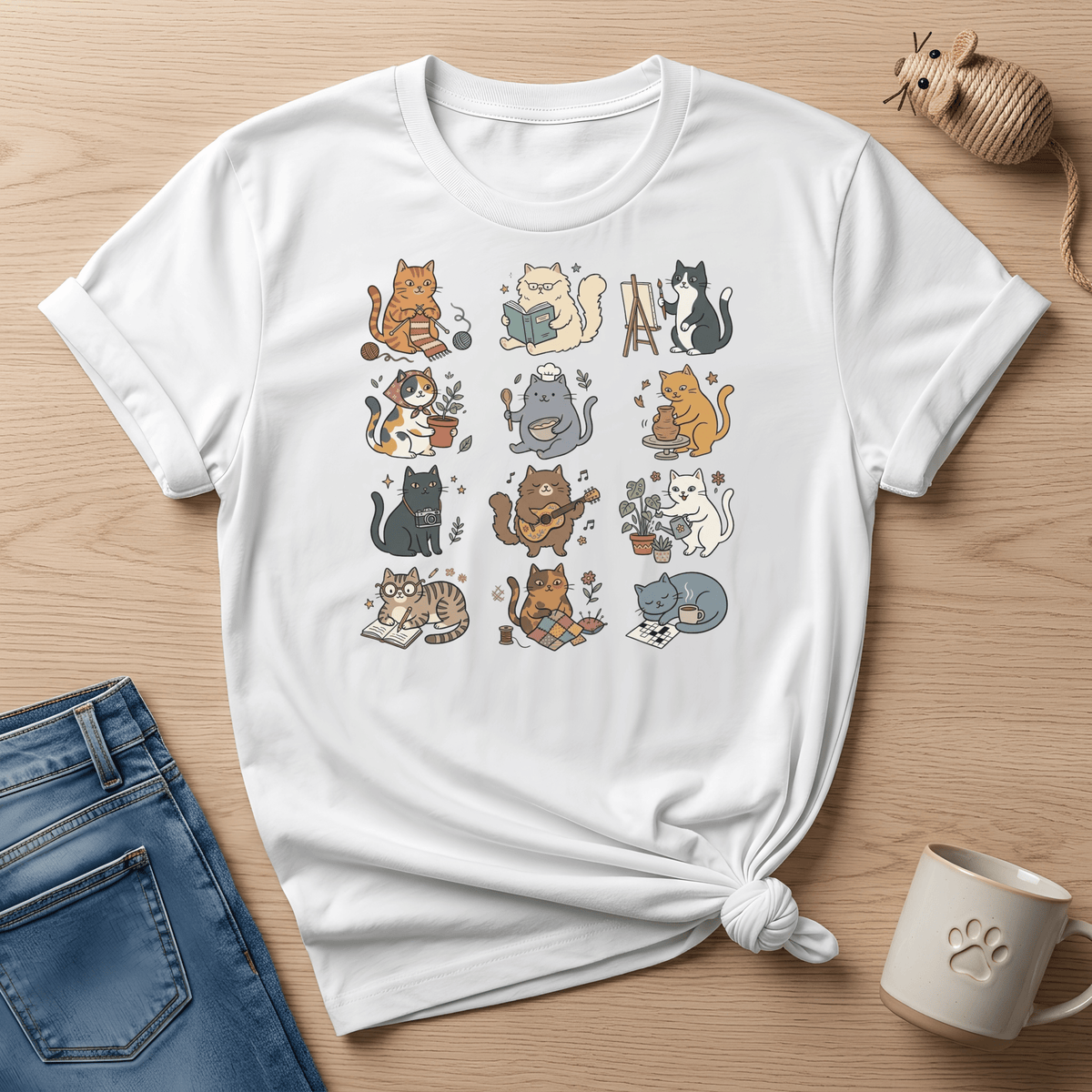 Cozy Hobby Cat Grid T-Shirt