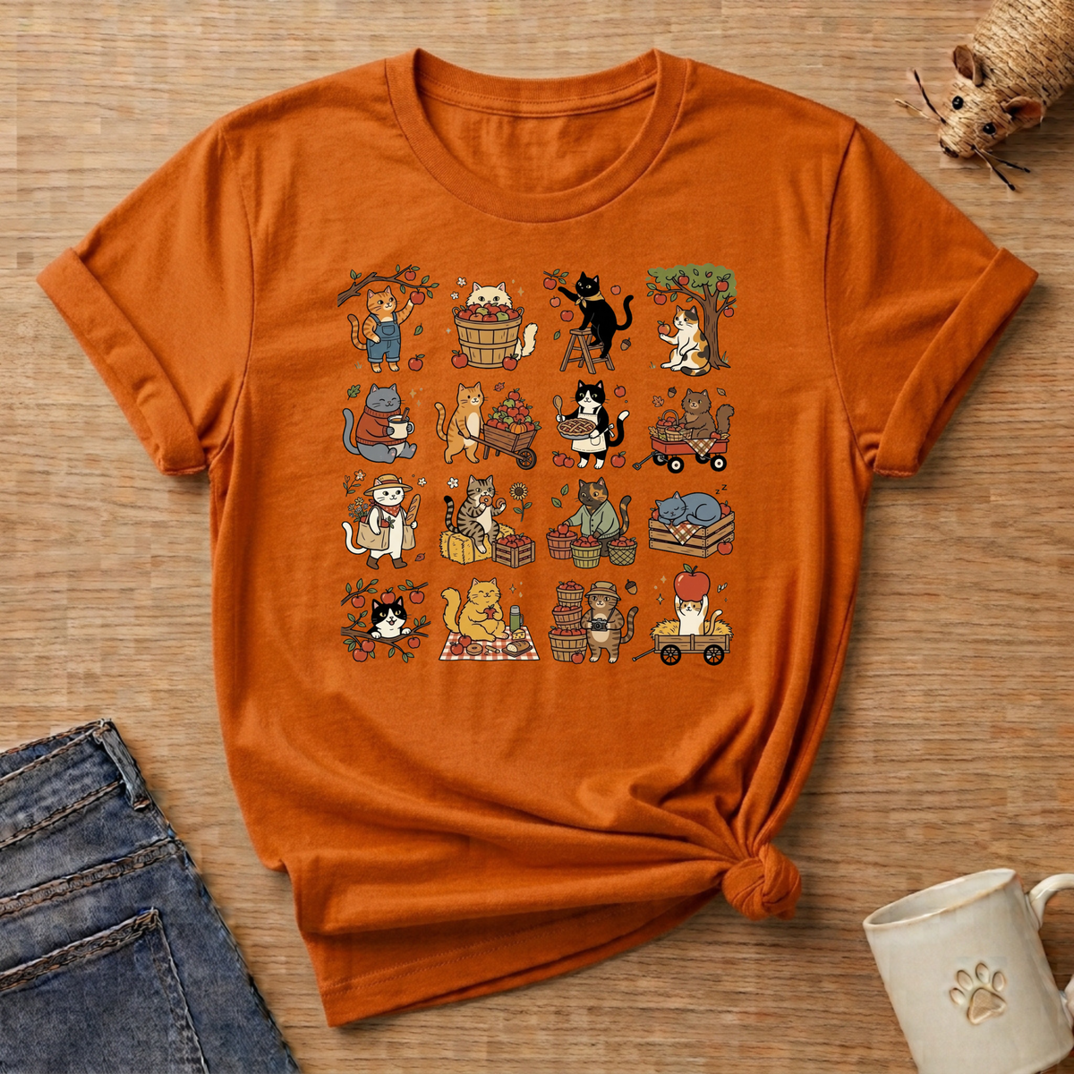 Apple Picking Cat Grid T-Shirt